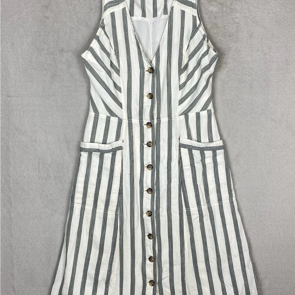 Anthropologie White and Gray Striped Button Midi Dress